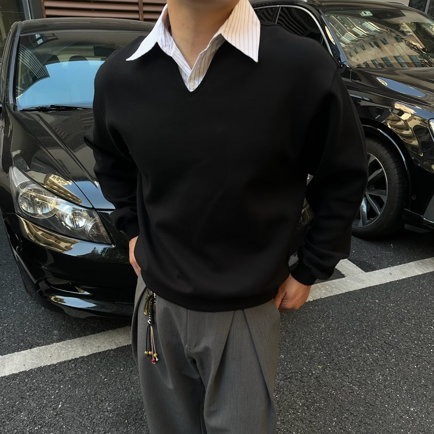 假两件V领条纹Boxy卫衣学院风