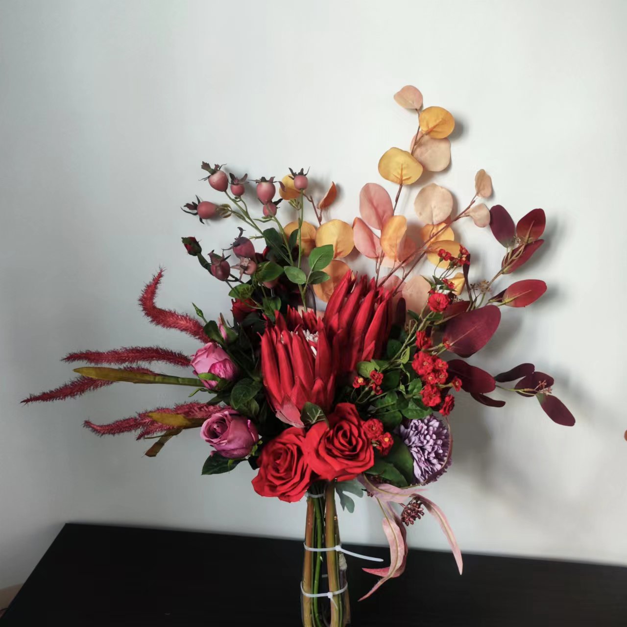 M191红色帝王花束手札长花束仿真花绢花假花欧式新年喜庆红色