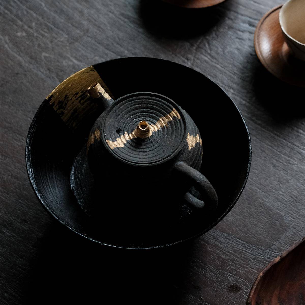 堂上燕 大漆壶承手工制作茶海刷银金箔干炮台栗木原创设计侘寂风