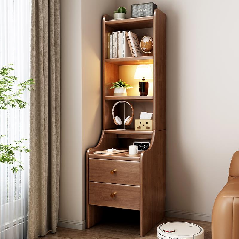 全实木床头柜带书架一体简约家用多层储物柜小户型简易床边收纳架