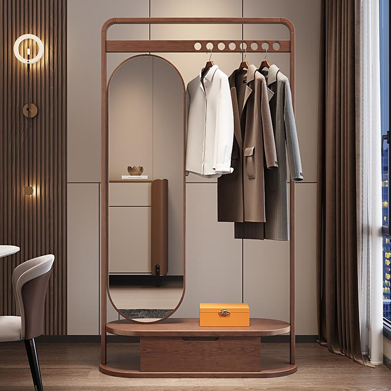 实木挂衣架落地卧室家用房间衣帽架穿衣镜一体入户客厅衣架带镜子