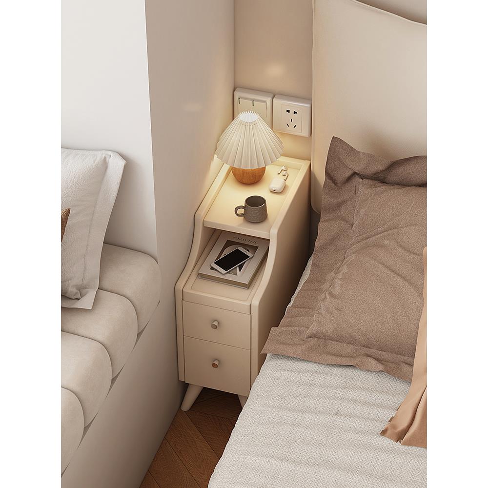 奶油风格25cm精致窄床头柜床头柜卧室窄间隙小侧柜20cm全实木