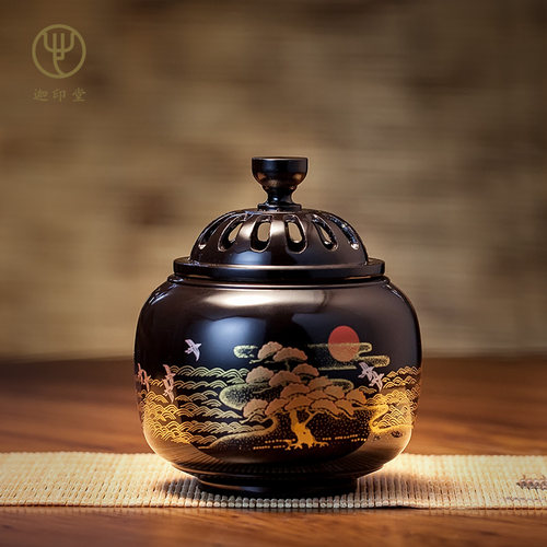 迦印堂高岗莳绘日出松间铜香炉