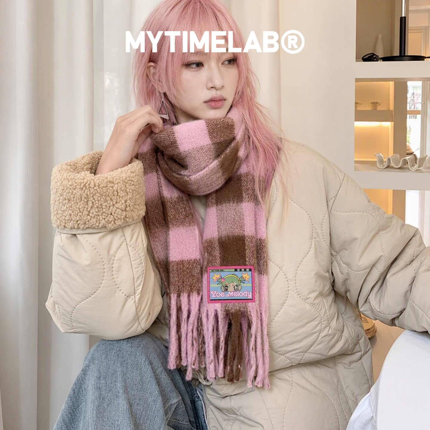 MYTIMELAB摩太潮玩ZOE彩彩方块大围巾秋冬季流苏披肩保暖护颈