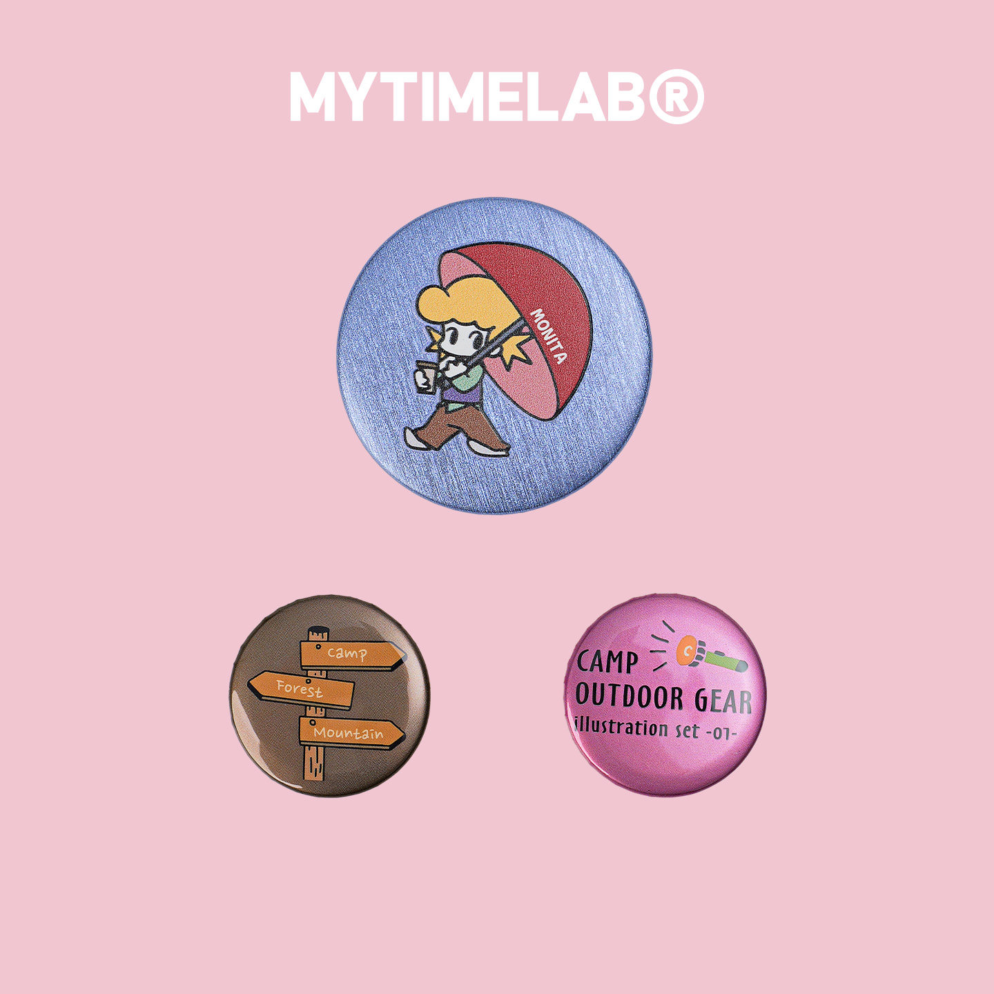 MYTIMELAB摩太潮玩MONITA萌趣露营徽章集卡通图案圆形装饰包挂件