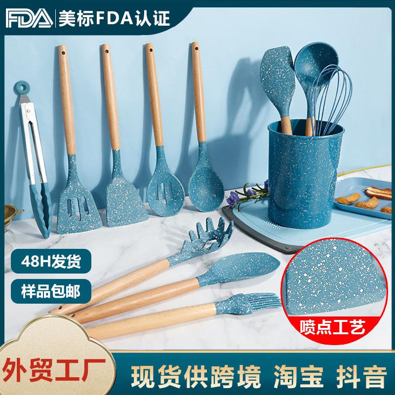 硅胶锅铲汤勺12件套白色喷点硅胶铲不粘锅耐高温硅胶厨具套装