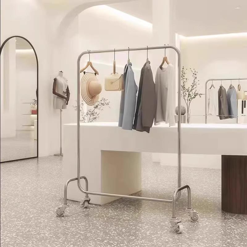 服装店展示架女装店不锈钢货架衣服架子落地式移动挂衣杆银色带轮