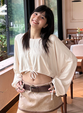 《鹦鹉梨严选》2025秋冬宽松可露肩杏色上衣连帽抽绳卫衣TBE023WH