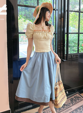 Not Even 2025新款夏季极简蓝棕拼接松紧腰a字中长款显瘦半身裙女