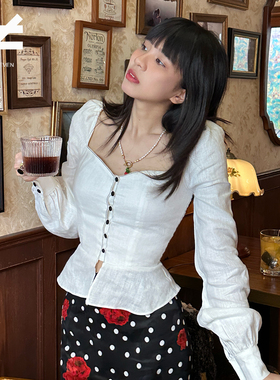 Not EVEN 复古高端露锁骨修身显瘦收腰亚麻单排扣法式小资衬衫女