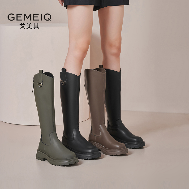 戈美其长筒靴女鞋子春季新款瘦瘦靴显瘦小筒围骑士靴厚底高筒女靴