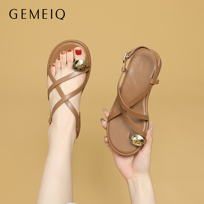 戈美其女鞋夏季新款平底夹趾凉鞋时尚洋气舒适百搭罗马凉拖鞋女款