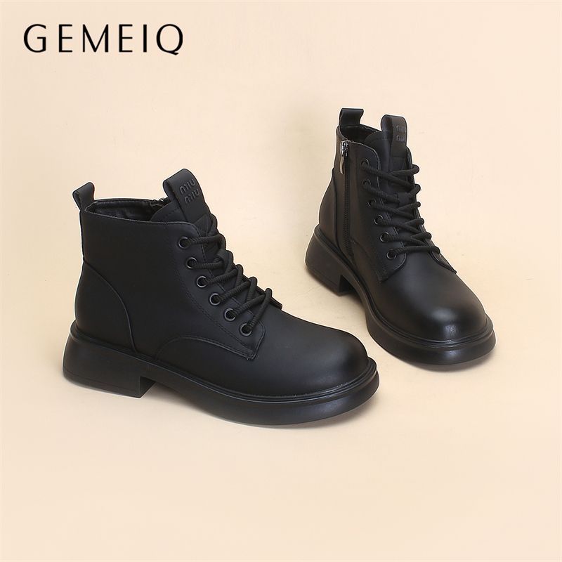 戈美其加绒短靴系带英伦马丁靴女秋冬百搭粗跟靴子时尚短筒冬靴潮