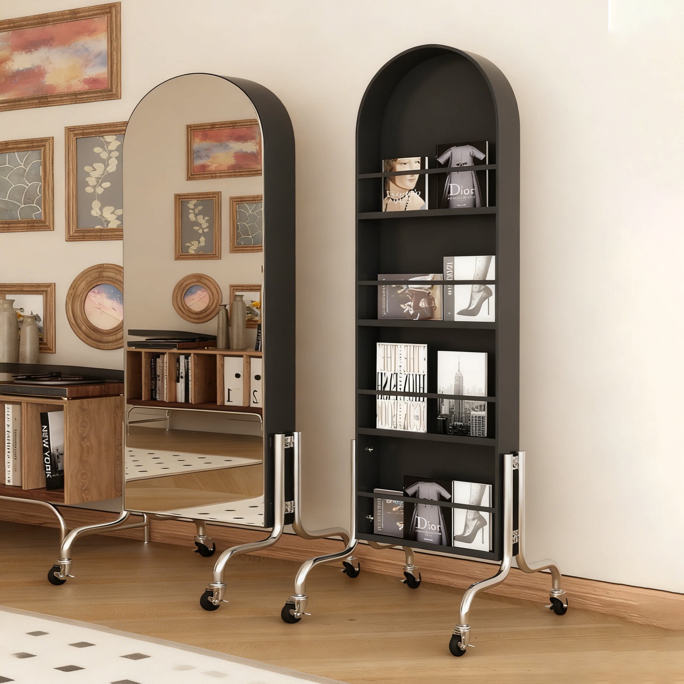 可移动镜子立式全身镜中古风杂志架落地镜家用置物书架旋转穿衣镜