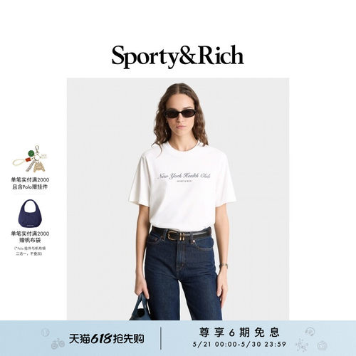 Sporty&Rich Tennis系列男女同款NY Health Club宽松字母短袖T恤