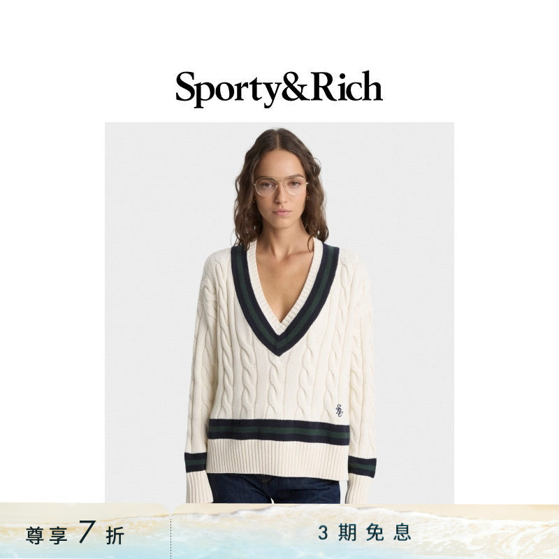 [七折礼遇]Sporty&Rich 女士经典百搭氛围感绞花优雅V领针织毛衣