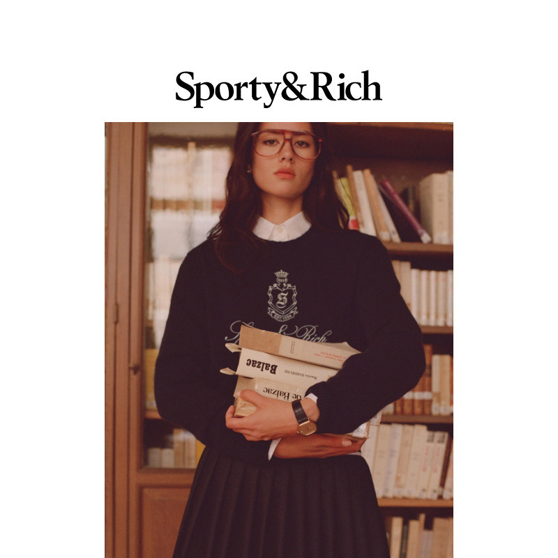 Sporty&Rich Preppy系列女士经典圆领刺绣徽章百搭休闲毛衣针织衫