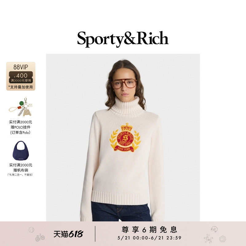 Sporty&Rich Central Park系列女士休闲NY Crest高领毛衣上衣
