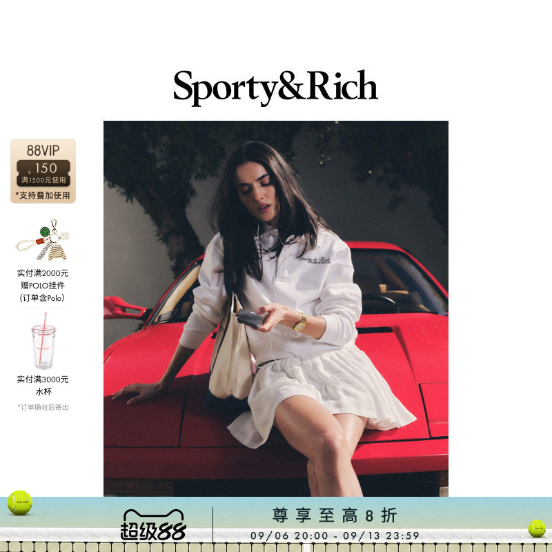 [甄选八折]Sporty&Rich 女士棉质老钱网球白色长袖翻领polo卫衣