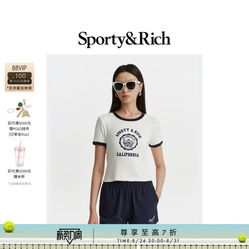 [七折礼遇]Sporty&Rich 女士撞色休闲修身内搭短款T恤短袖上衣