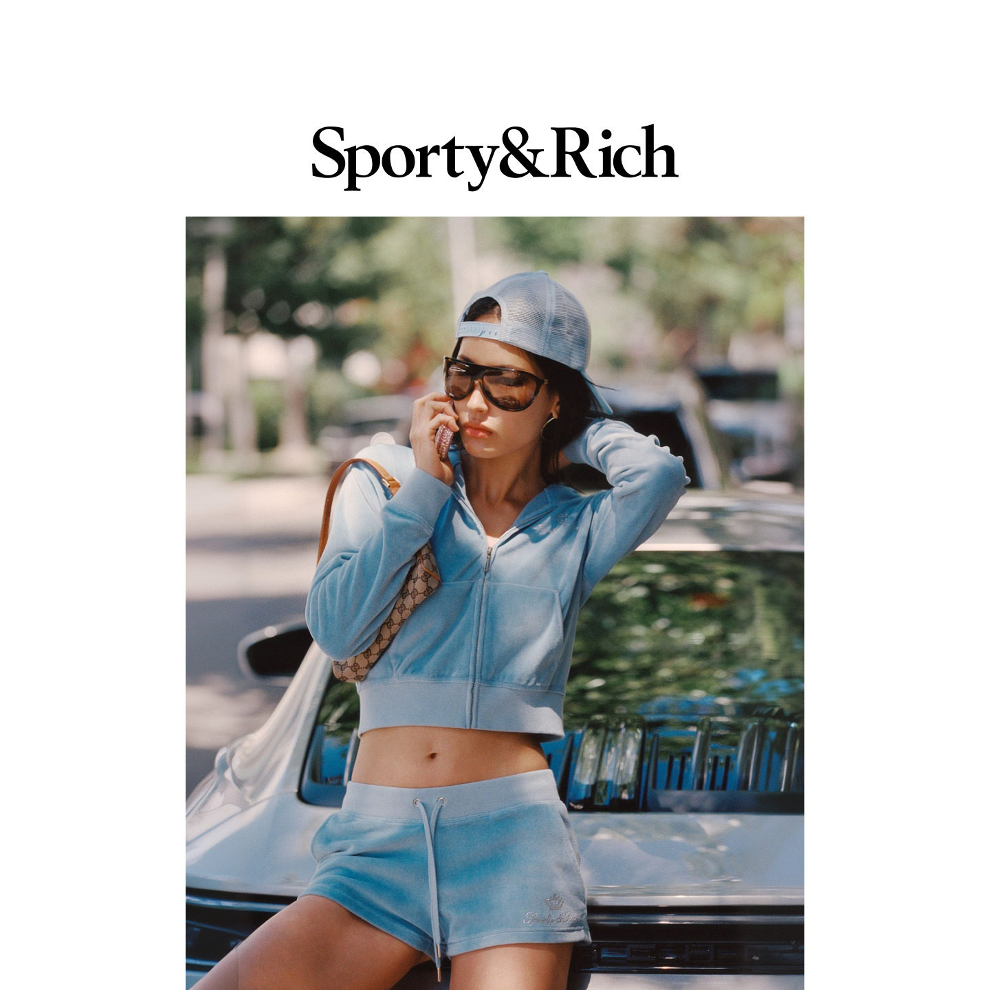 [春夏新品]Sporty&Rich 联名系列女士丝绒感拉链连帽开衫卫衣外套