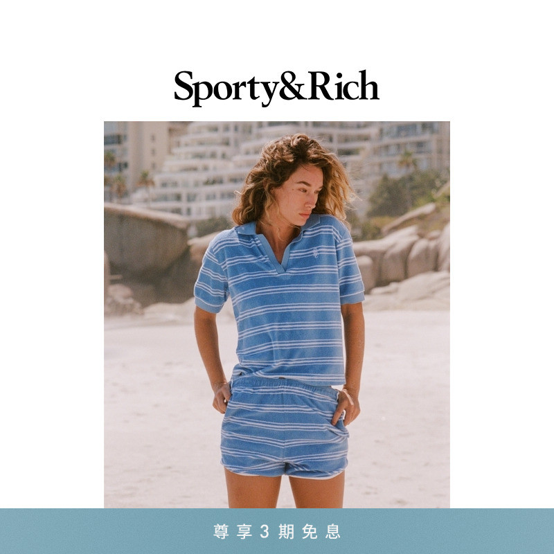 Sporty&Rich Riviera系列女士夏季度假风慵懒条纹T恤短袖Polo