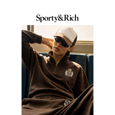 [明星同款]Sporty&Rich 女士美式复古立领半拉链卫衣长裤套装