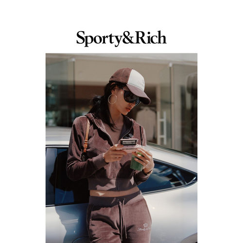 [春夏新品]Sporty&Rich 联名系列女士丝绒感拉链连帽开衫卫衣外套