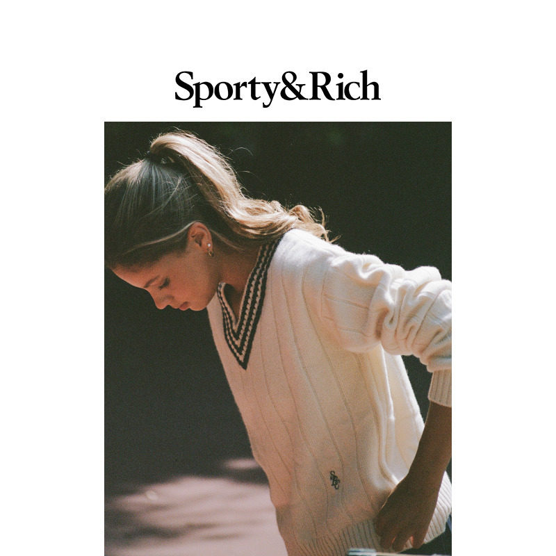 Sporty&Rich Tennis系列女士气质优雅百搭羊绒V领针织毛衣上衣