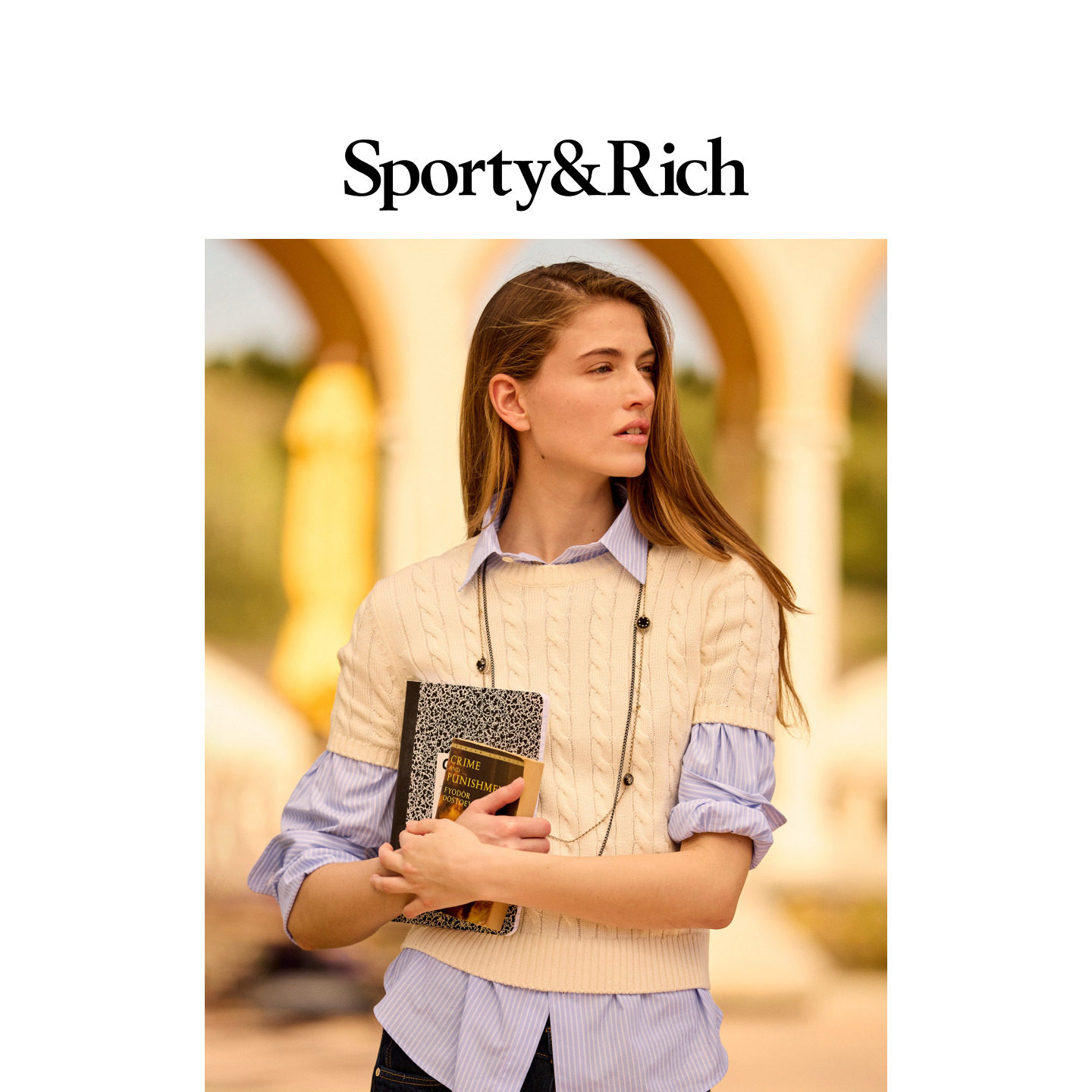 [春夏新品]Sporty&Rich 女士时尚优雅气质短款绞花针织毛衣短袖