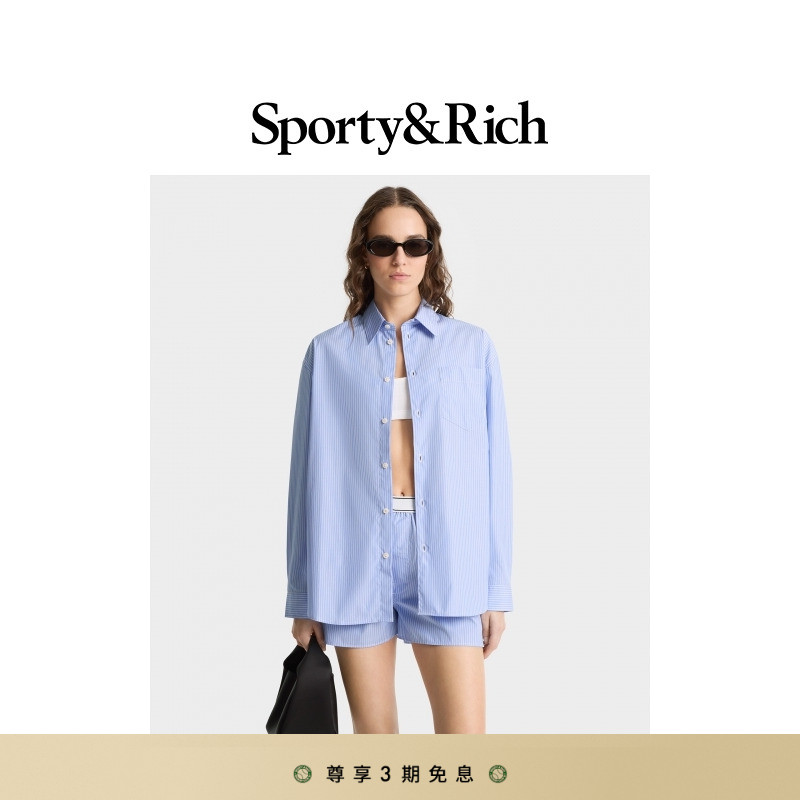 Sporty&Rich Tennis系列女士SRC通勤百搭淡蓝色条纹简约廓形衬衫