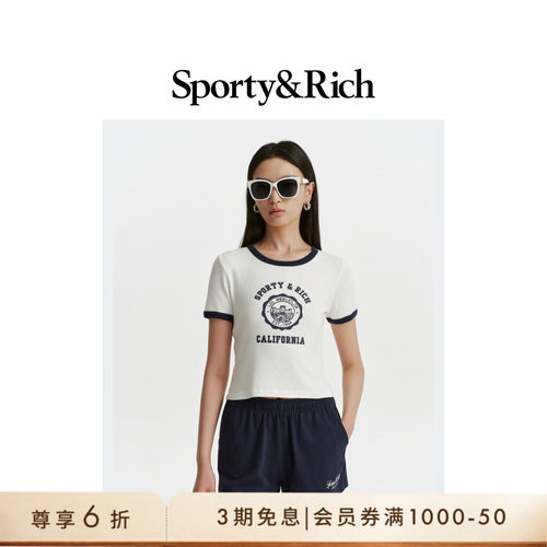 [奢享价]Sporty&Rich 女士撞色休闲修身内搭短款T恤短袖上衣
