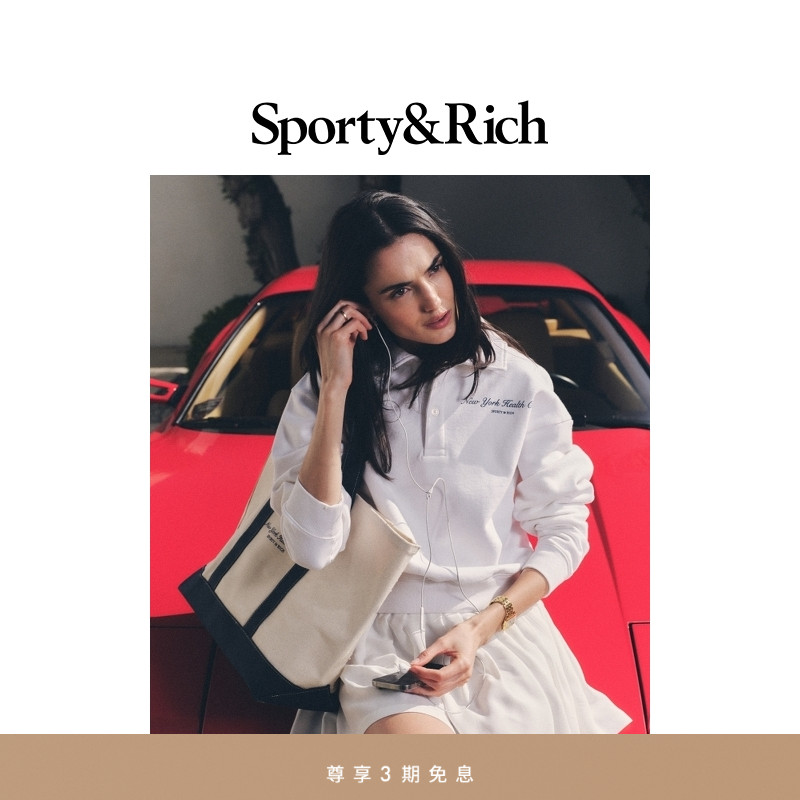 Sporty&Rich Tennis系列女士棉质老钱休闲白色长袖翻领polo卫衣