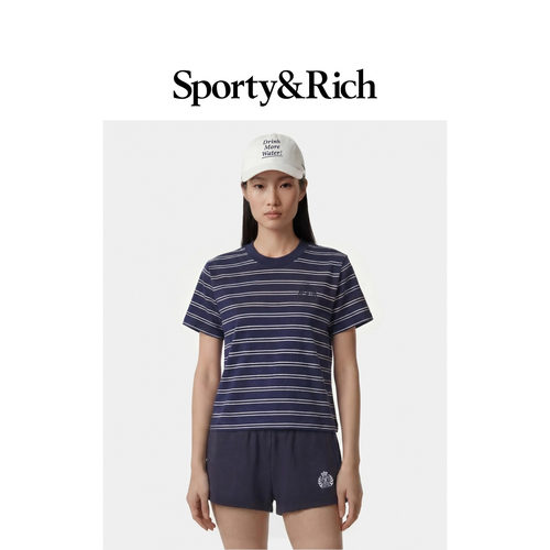 [春夏新品]Sporty&Rich 女士美式徽章学院风时尚拼色条纹修身T恤