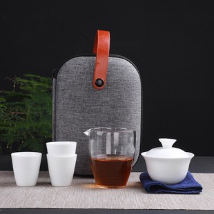 玉瓷白瓷盖碗旅行茶具套装 礼品泡茶LOGO 一备三杯整套收纳包便携式