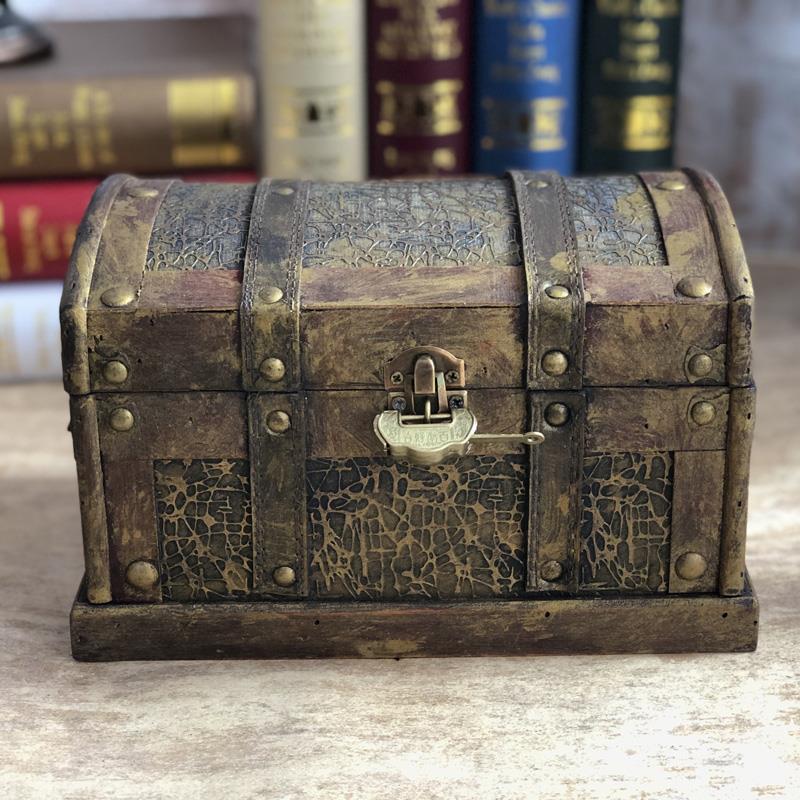 新疆包邮仿古海盗箱黄金色藏宝箱配锁古典木箱子复古收纳盒老式木