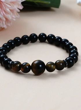 2023速卖通虎眼石亮光黑曜石串珠男士霸气黑色经典情侣手链