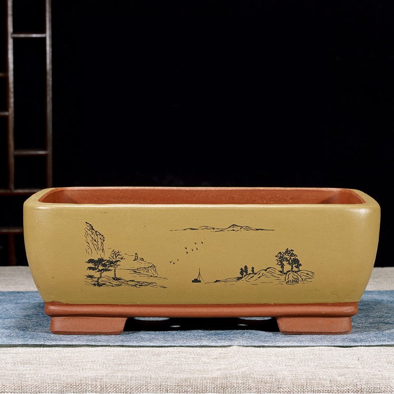 紫砂长方形室内盆栽花盆海棠梅花文竹簕竹花卉绿植V马槽造景盆景