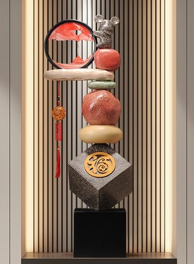 入户玄关石来运i转流沙画摆件客厅高端大气上档次细长竖高装饰品