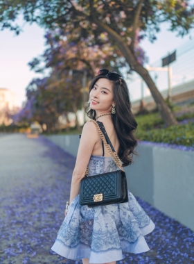 澳洲轻奢春夏新款蓝色吊带设计感出片女士迷你连衣裙晚礼服#591