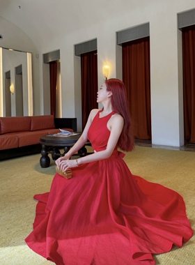 澳洲新款交叉镂空小蛮腰美肩超显白大裙摆红色长款连衣裙#1004#3