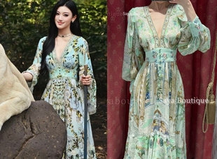 580 澳洲Camilla卡米拉绿色绿色印花连衣裙度假风V领长裙 605