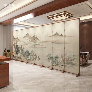 实木屏风隔断客厅折叠移动山水画办公室茶室酒店大堂背景墙 新中式