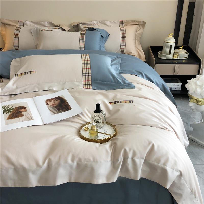 撞色简约风轻奢140支长绒棉刺绣被套全棉四件套素色床单1.8米床品