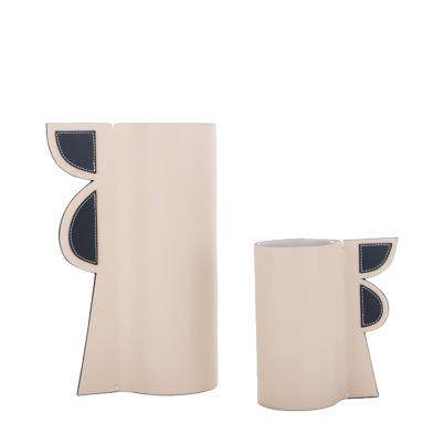 现代简约创意米白色皮革花器花插摆件样板间桌面茶几电视柜软装,收纳整理,烫衣板及配件,淘宝优惠券,粉丝福利购,淘宝优惠卷