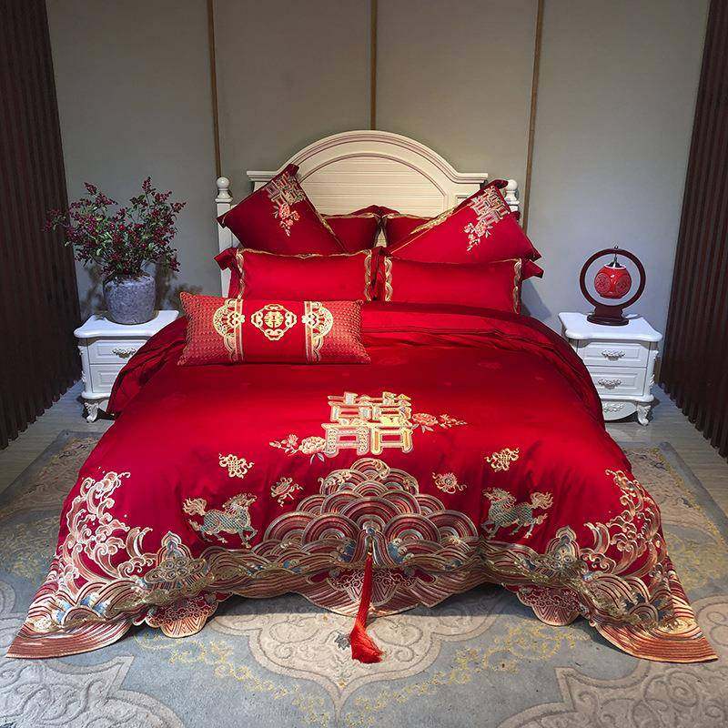 九喜狐婚庆家纺刺绣四件套十件套100支贡缎提花面料佳偶天成