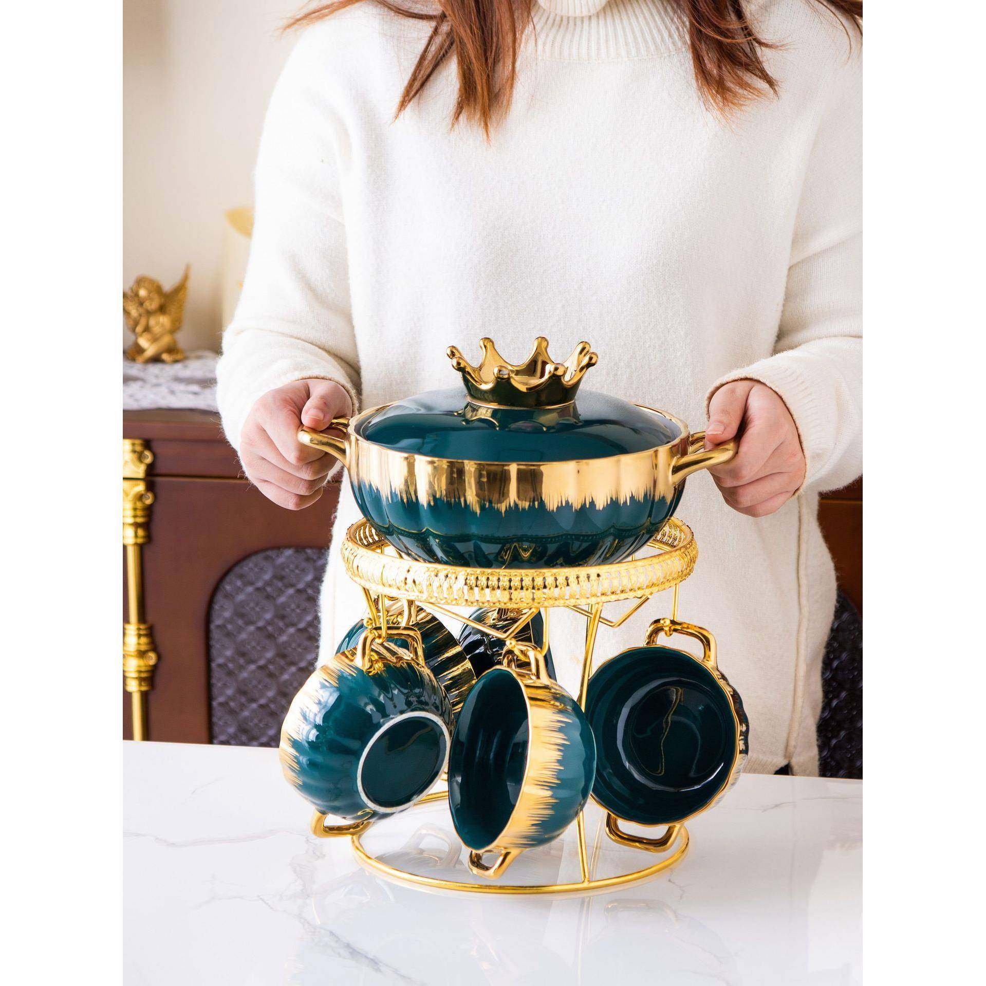 高档轻奢双耳条纹陶瓷汤锅套装餐具金边创意带盖陶瓷家用餐具汤锅,纺织面料/辅料/配套,纺织机械配件,淘宝优惠券,粉丝福利购,淘宝优惠卷