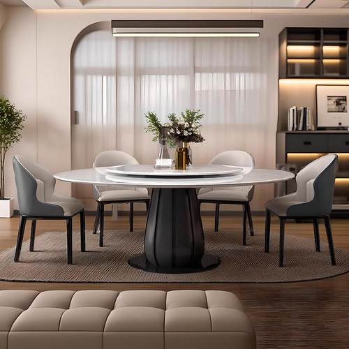 天然大理石圆形餐桌椅组合轻奢家用带转盘实木意式极简黑色圆桌子