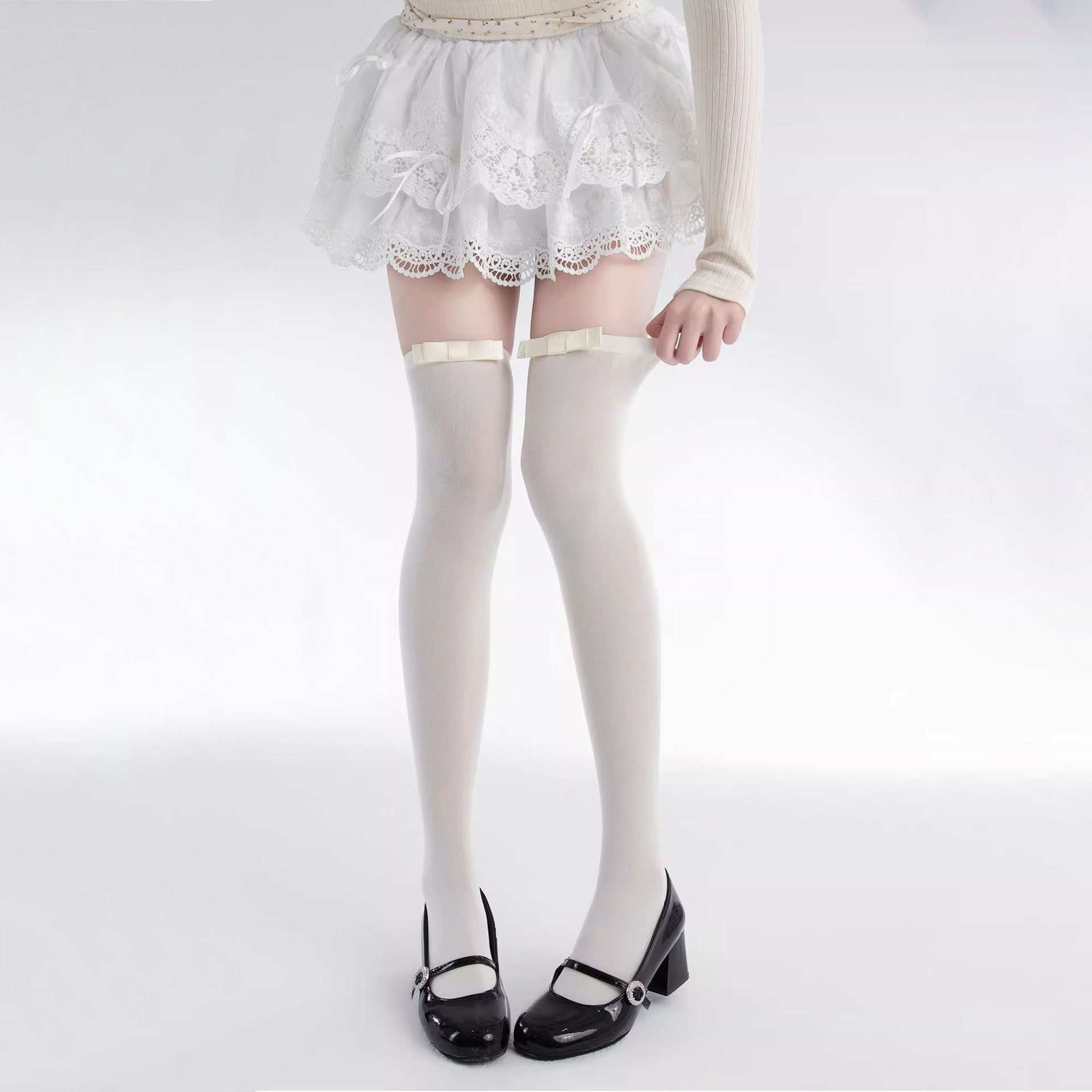 芭蕾风春夏天鹅绒袜子jk纯色lolita风丝袜过膝袜蝴蝶结堆堆小腿袜
