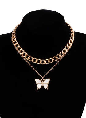 欧美饰品 双层时尚白色仿贝母项链女 气质金属义乌毛衣链